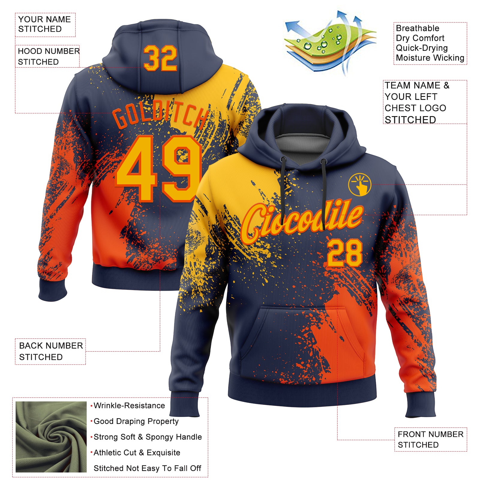 Custom Stitched Navy Gold-Orange 3D Pattern Design Abstract Brush Stroke Sports Pullover Sweatshirt Hoodie