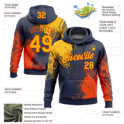 Custom Stitched Navy Gold-Orange 3D Pattern Design Abstract Brush Stroke Sports Pullover Sweatshirt Hoodie