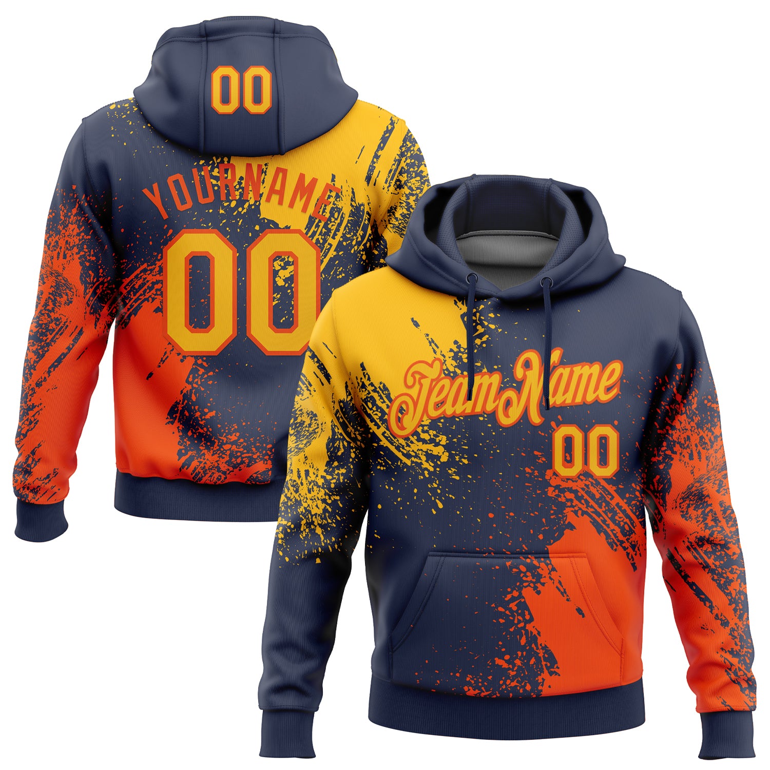 Custom Stitched Navy Gold-Orange 3D Pattern Design Abstract Brush Stroke Sports Pullover Sweatshirt Hoodie