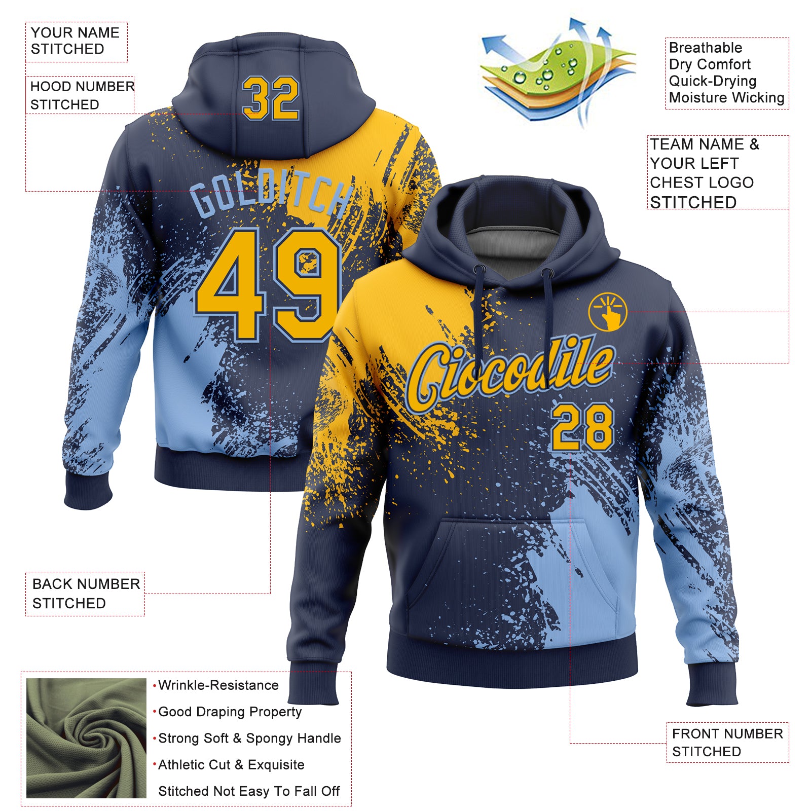 Custom Stitched Navy Gold-Light Blue 3D Pattern Design Abstract Brush Stroke Sports Pullover Sweatshirt Hoodie