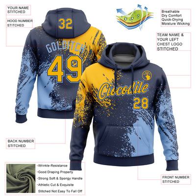 Custom Stitched Navy Gold-Light Blue 3D Pattern Design Abstract Brush Stroke Sports Pullover Sweatshirt Hoodie