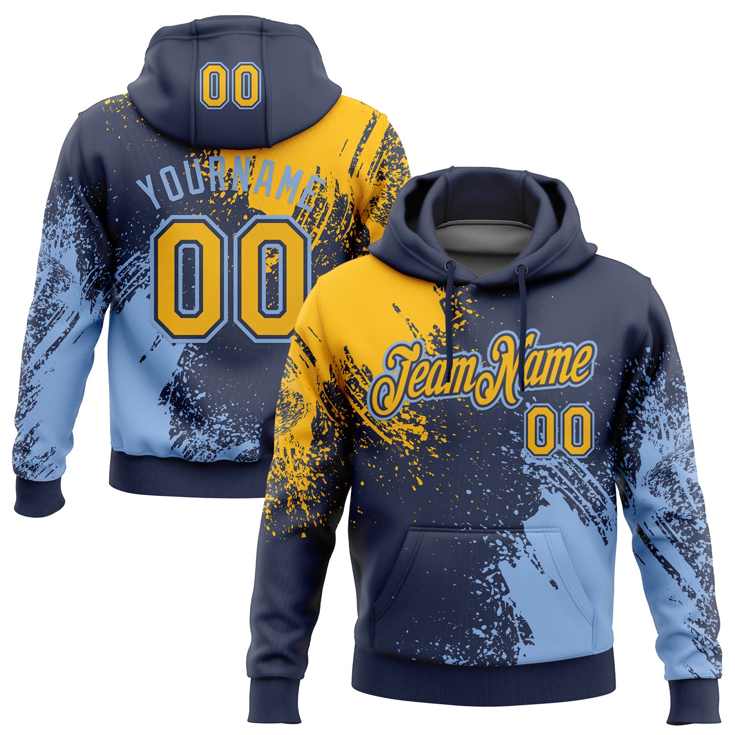 Custom Stitched Navy Gold-Light Blue 3D Pattern Design Abstract Brush Stroke Sports Pullover Sweatshirt Hoodie