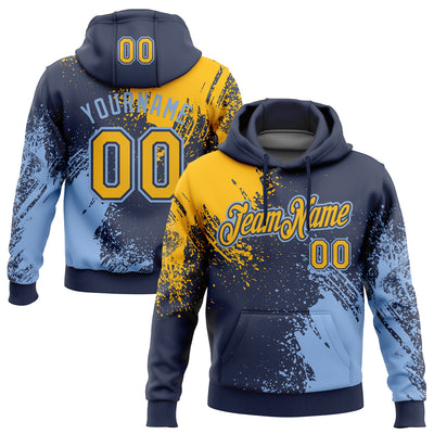 Custom Stitched Navy Gold-Light Blue 3D Pattern Design Abstract Brush Stroke Sports Pullover Sweatshirt Hoodie