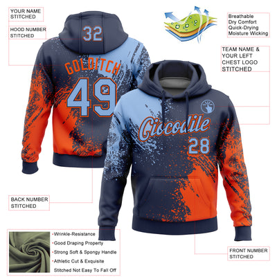 Custom Stitched Navy Light Blue-Orange 3D Pattern Design Abstract Brush Stroke Sports Pullover Sweatshirt Hoodie