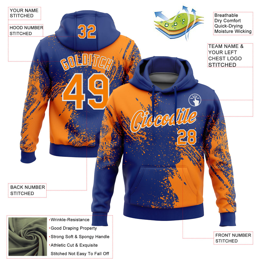 Custom Stitched Royal Bay Orange-White 3D Pattern Design Abstract Brush Stroke Sports Pullover Sweatshirt Hoodie