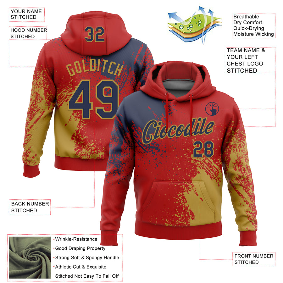 Custom Stitched Red Navy-Old Gold 3D Pattern Design Abstract Brush Stroke Sports Pullover Sweatshirt Hoodie