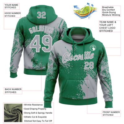 Custom Stitched Kelly Green Gray-White 3D Pattern Design Abstract Brush Stroke Sports Pullover Sweatshirt Hoodie