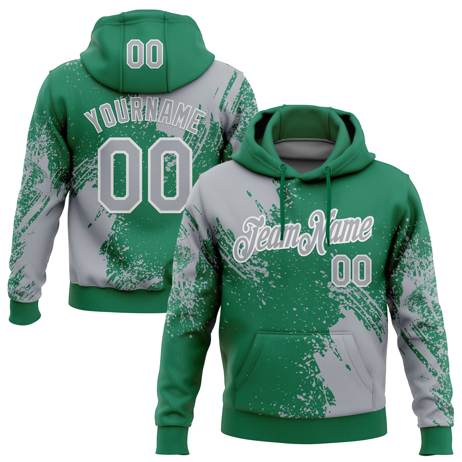 Custom Stitched Kelly Green Gray-White 3D Pattern Design Abstract Brush Stroke Sports Pullover Sweatshirt Hoodie