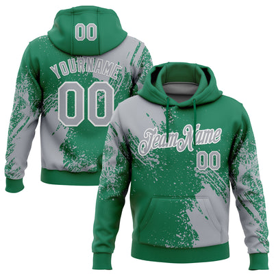Custom Stitched Kelly Green Gray-White 3D Pattern Design Abstract Brush Stroke Sports Pullover Sweatshirt Hoodie