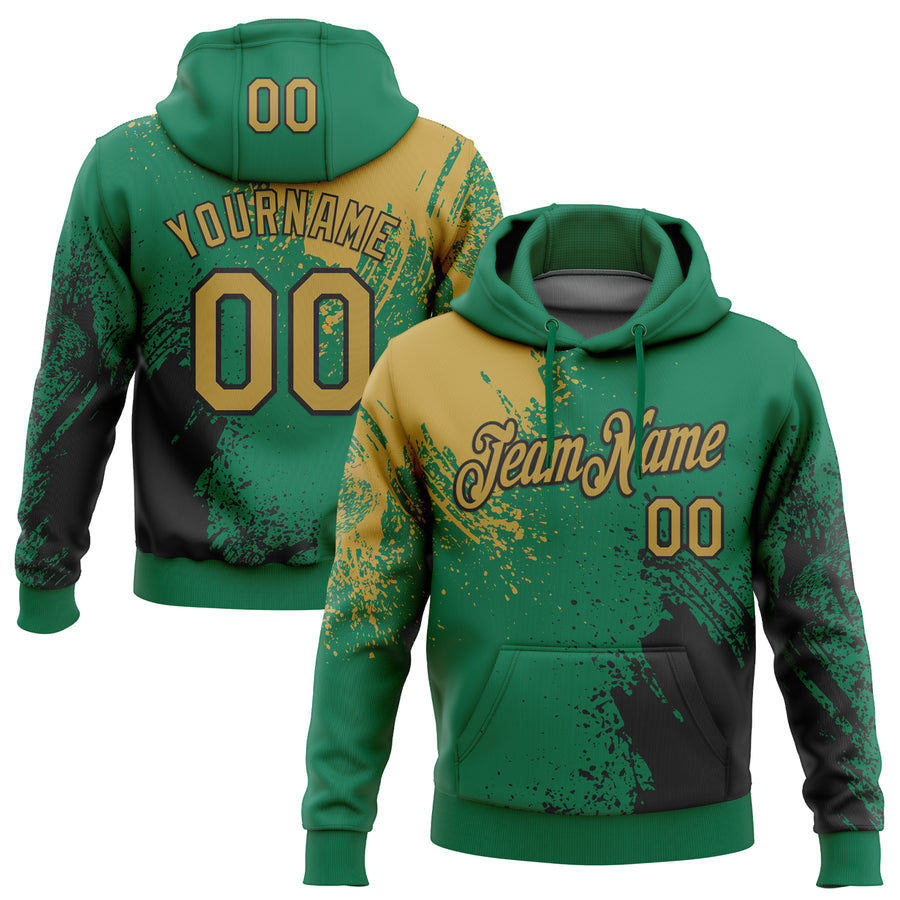 Custom Stitched Kelly Green Old Gold-Black 3D Pattern Design Abstract Brush Stroke Sports Pullover Sweatshirt Hoodie