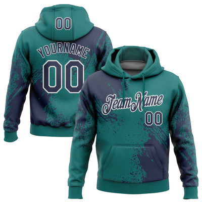 Custom Stitched Teal Navy-White 3D Pattern Design Abstract Brush Stroke Sports Pullover Sweatshirt Hoodie