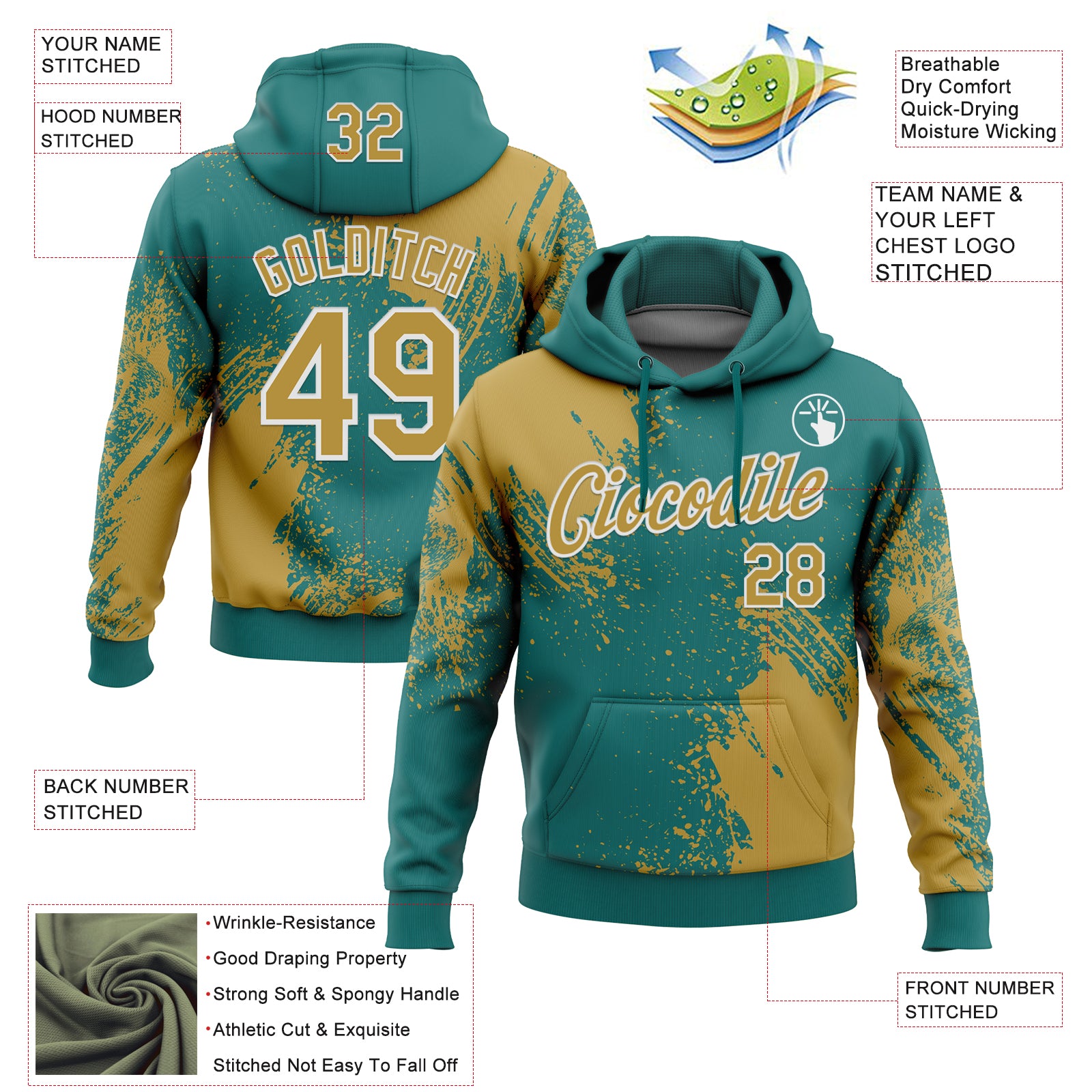 Custom Stitched Teal Old Gold-White 3D Pattern Design Abstract Brush Stroke Sports Pullover Sweatshirt Hoodie