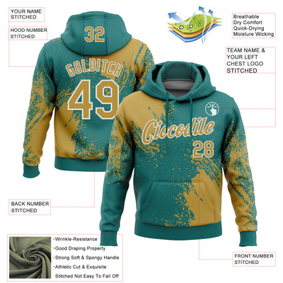 Custom Stitched Teal Old Gold-White 3D Pattern Design Abstract Brush Stroke Sports Pullover Sweatshirt Hoodie