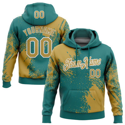 Custom Stitched Teal Old Gold-White 3D Pattern Design Abstract Brush Stroke Sports Pullover Sweatshirt Hoodie