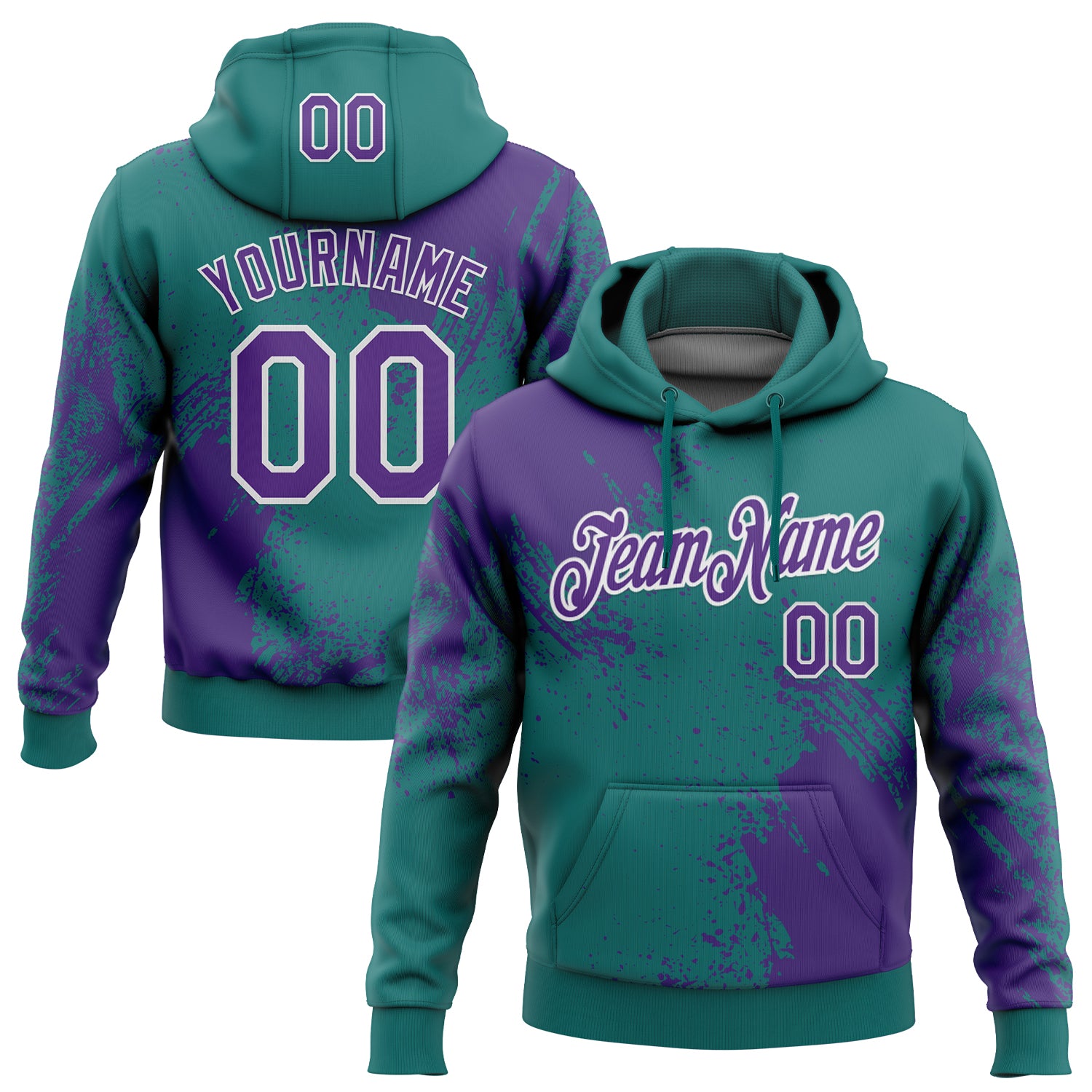 Custom Stitched Teal Purple-White 3D Pattern Design Abstract Brush Stroke Sports Pullover Sweatshirt Hoodie