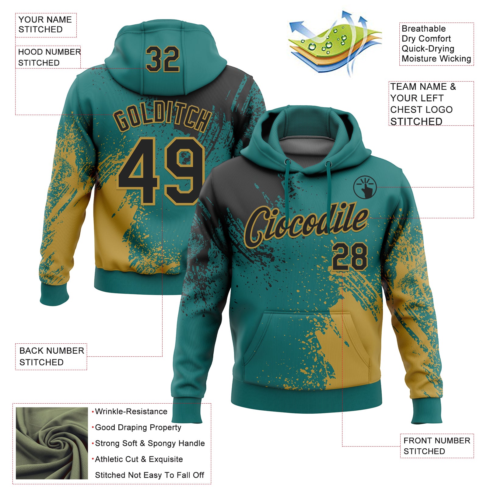 Custom Stitched Teal Black-Old Gold 3D Pattern Design Abstract Brush Stroke Sports Pullover Sweatshirt Hoodie