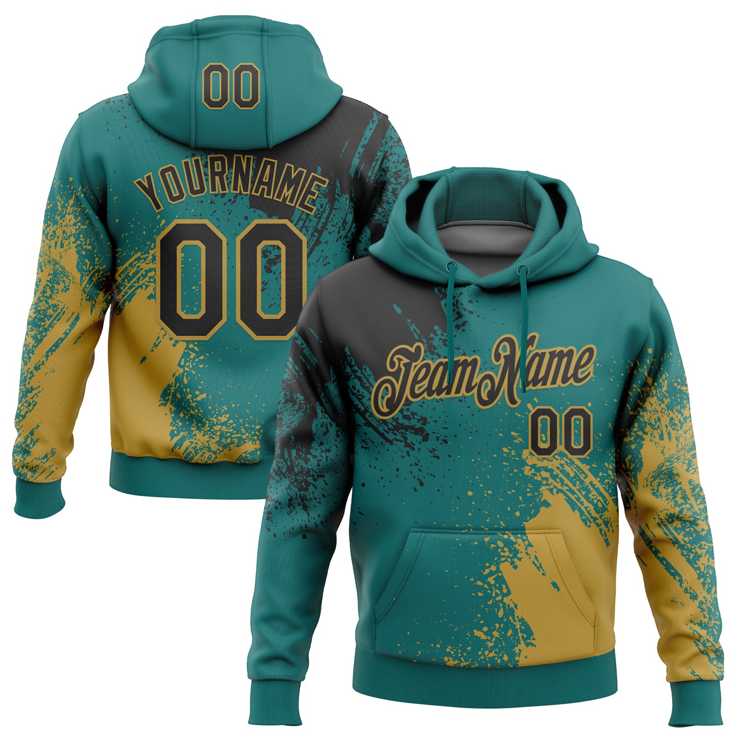 Custom Stitched Teal Black-Old Gold 3D Pattern Design Abstract Brush Stroke Sports Pullover Sweatshirt Hoodie