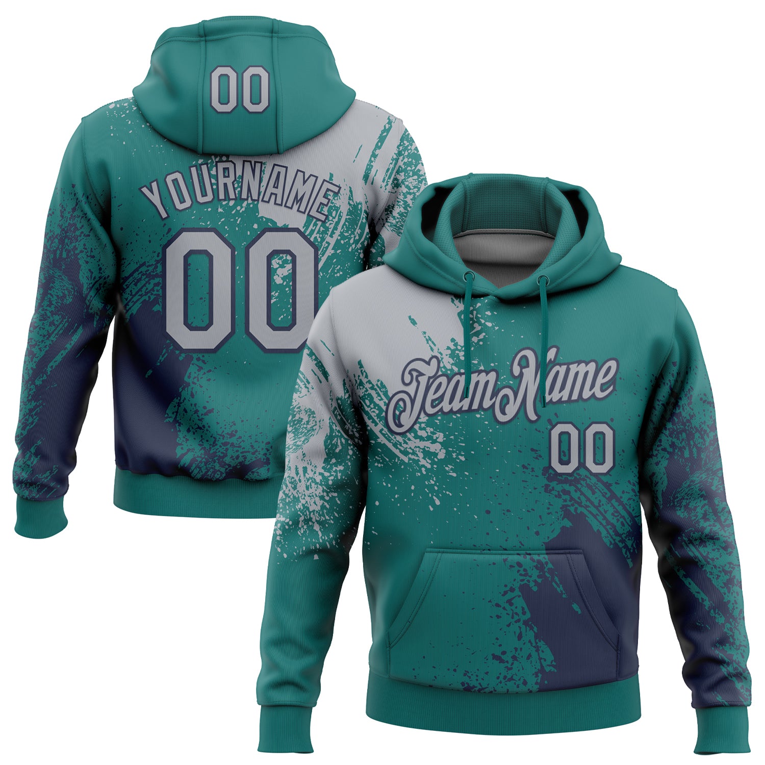 Custom Stitched Teal Gray-Navy 3D Pattern Design Abstract Brush Stroke Sports Pullover Sweatshirt Hoodie