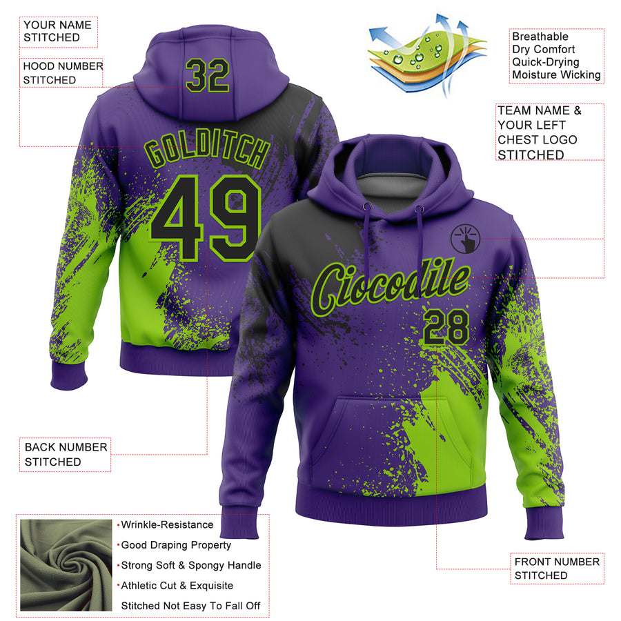 Custom Stitched Purple Black-Neon Green 3D Pattern Design Abstract Brush Stroke Sports Pullover Sweatshirt Hoodie