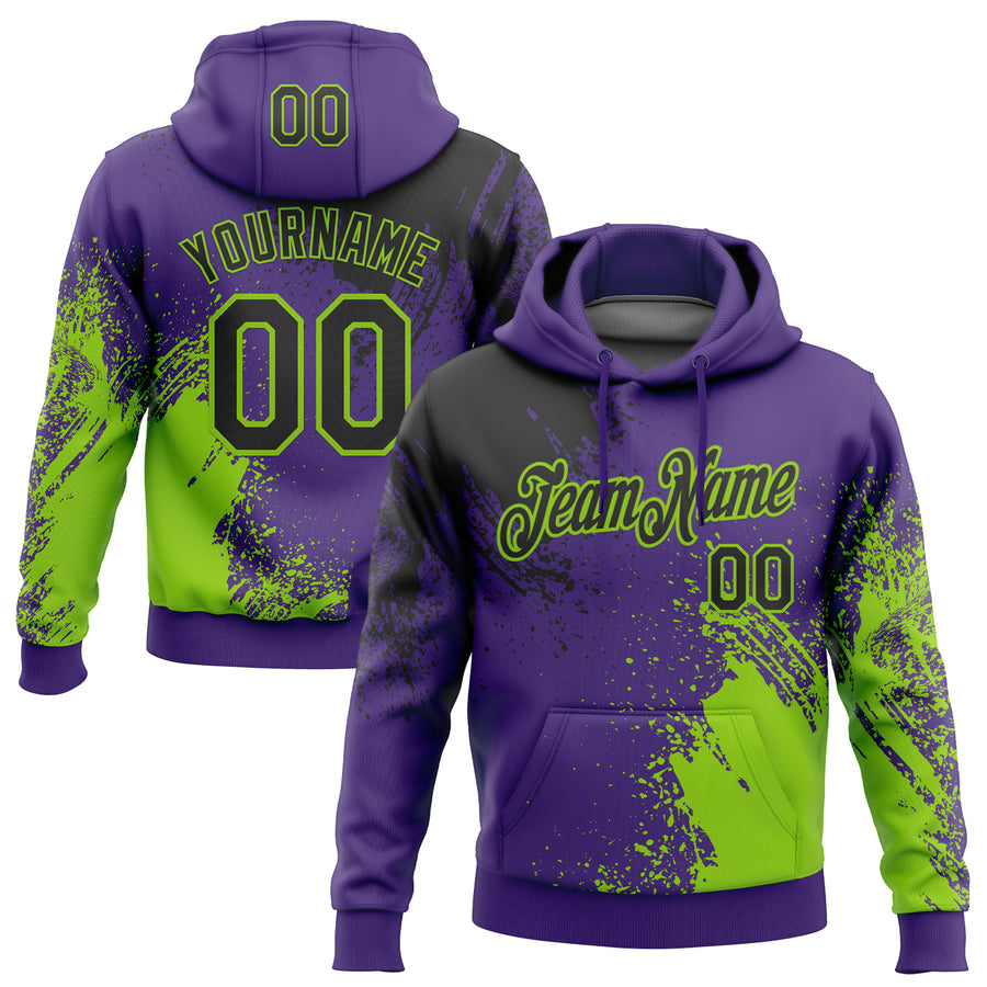 Custom Stitched Purple Black-Neon Green 3D Pattern Design Abstract Brush Stroke Sports Pullover Sweatshirt Hoodie