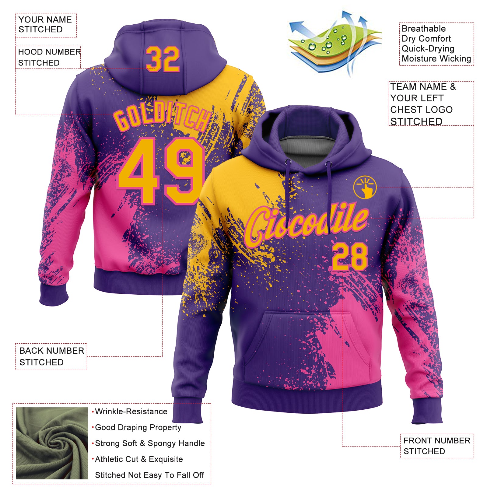 Custom Stitched Purple Gold-Pink 3D Pattern Design Abstract Brush Stroke Sports Pullover Sweatshirt Hoodie