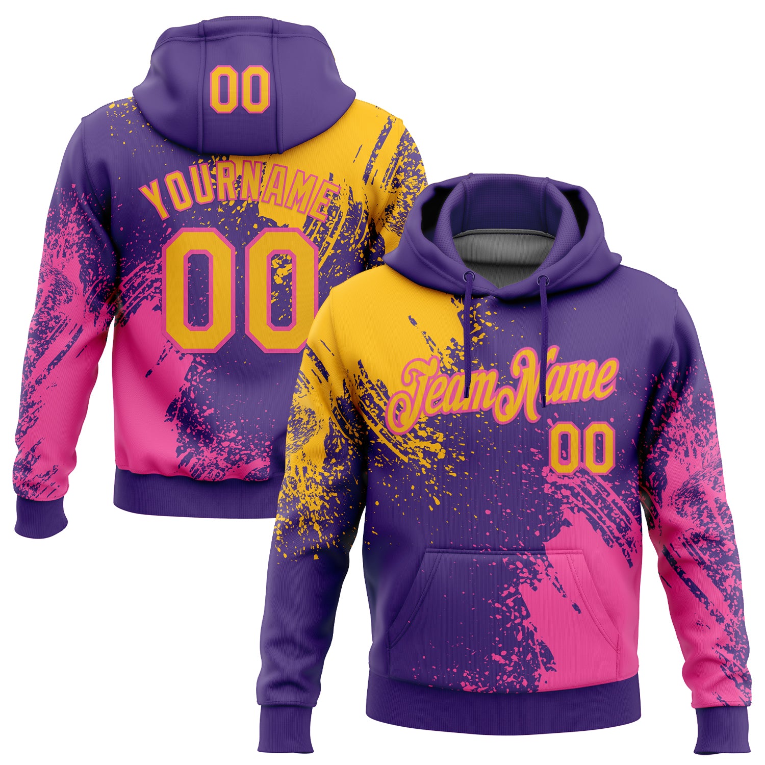 Custom Stitched Purple Gold-Pink 3D Pattern Design Abstract Brush Stroke Sports Pullover Sweatshirt Hoodie