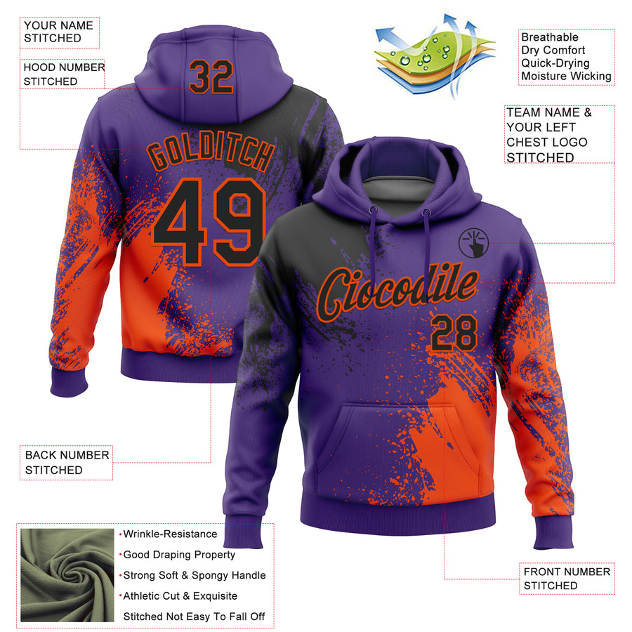 Custom Stitched Purple Black-Orange 3D Pattern Design Abstract Brush Stroke Sports Pullover Sweatshirt Hoodie