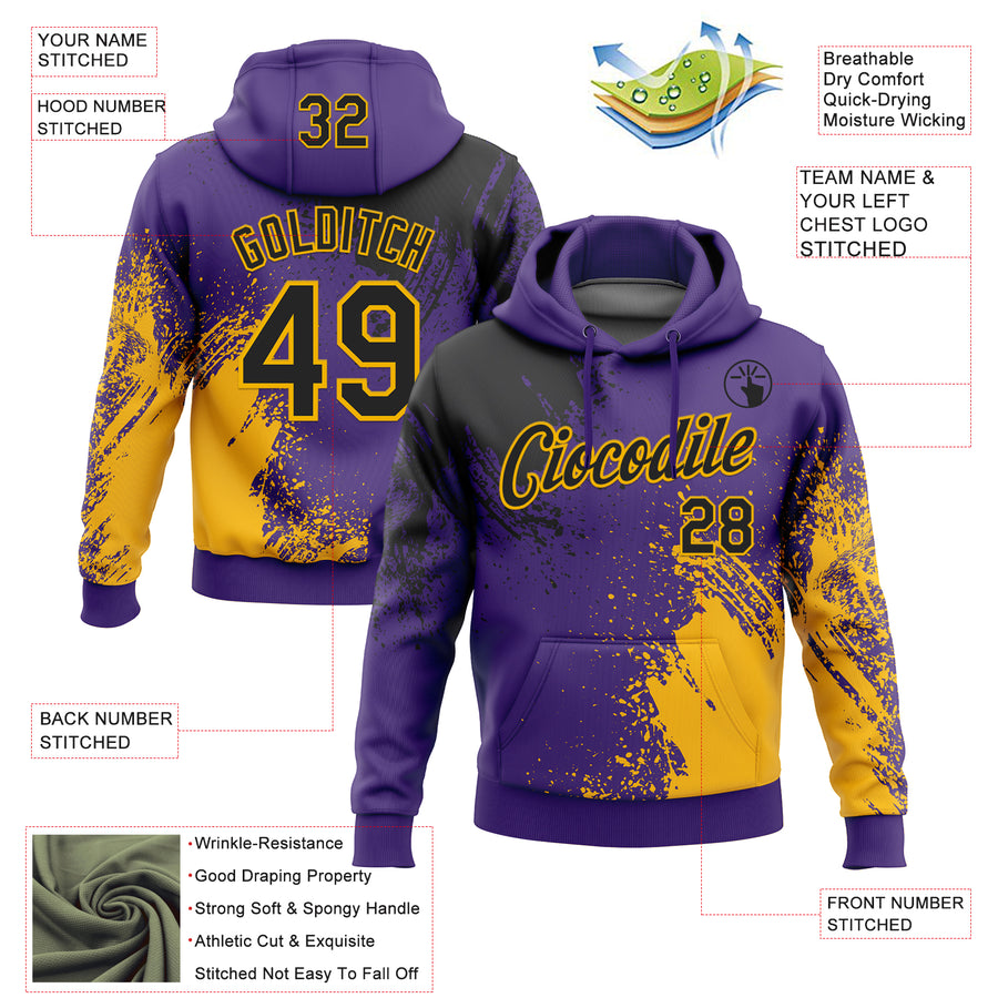 Custom Stitched Purple Black-Gold 3D Pattern Design Abstract Brush Stroke Sports Pullover Sweatshirt Hoodie