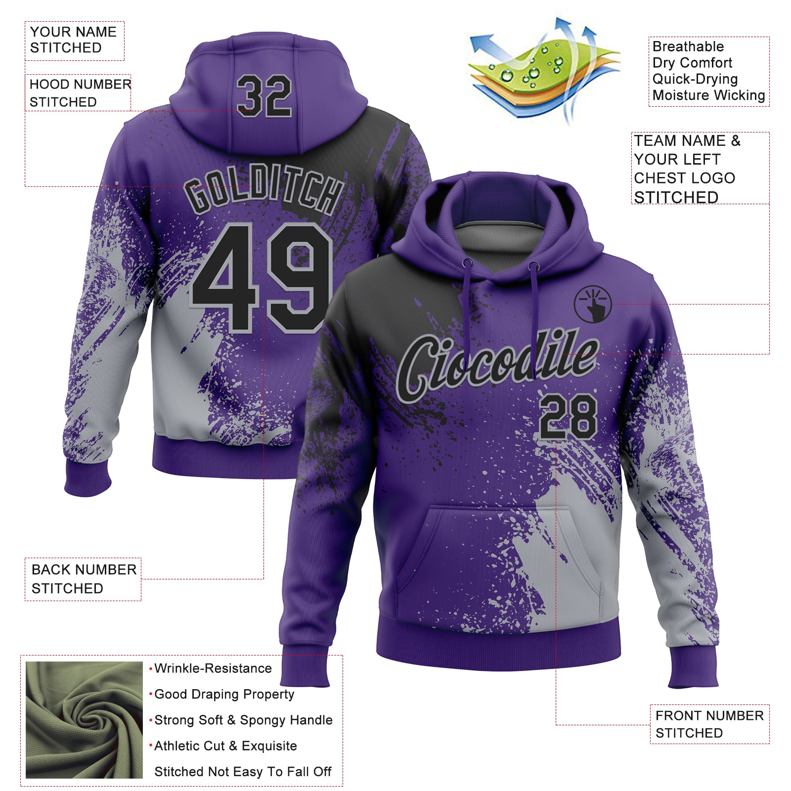 Custom Stitched Purple Black-Gray 3D Pattern Design Abstract Brush Stroke Sports Pullover Sweatshirt Hoodie