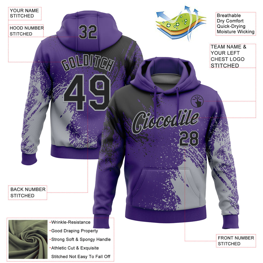 Custom Stitched Purple Black-Gray 3D Pattern Design Abstract Brush Stroke Sports Pullover Sweatshirt Hoodie