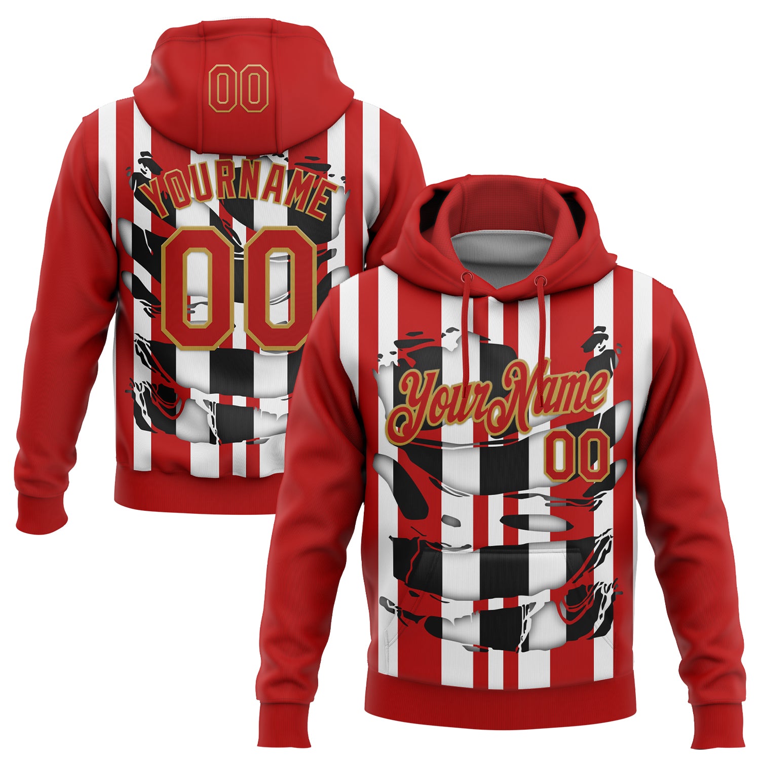 Custom Stitched Red White Black-Old Gold 3D Pattern Design Stripe Sports Pullover Sweatshirt Hoodie
