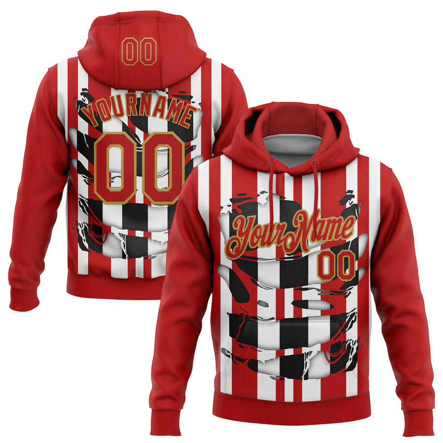 Custom Stitched Red White Black-Old Gold 3D Pattern Design Stripe Sports Pullover Sweatshirt Hoodie