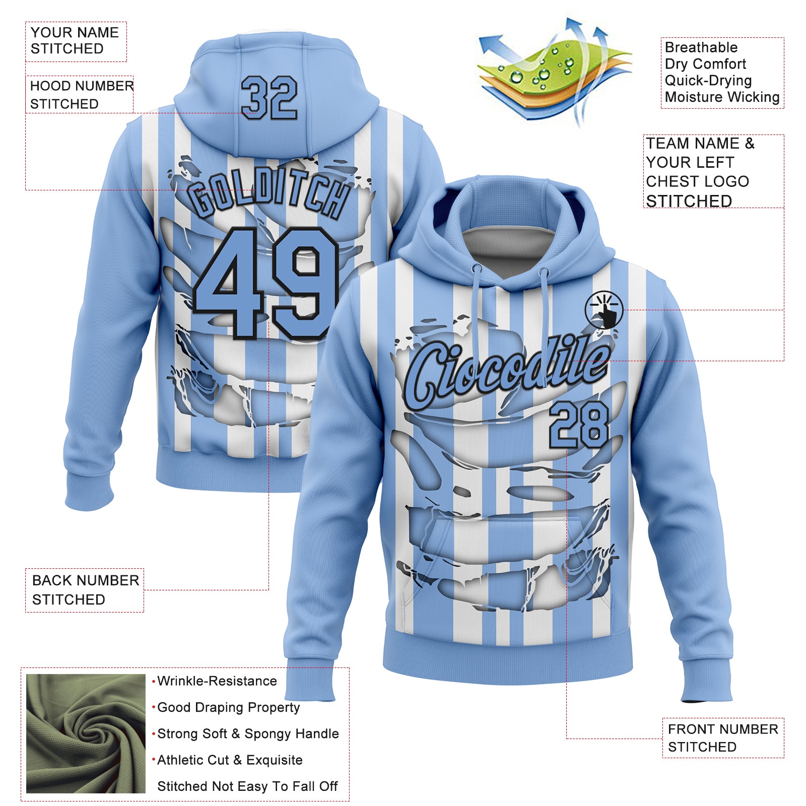 Custom Stitched Light Blue White-Black 3D Pattern Design Stripe Sports Pullover Sweatshirt Hoodie