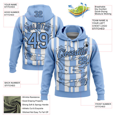 Custom Stitched Light Blue White-Black 3D Pattern Design Stripe Sports Pullover Sweatshirt Hoodie