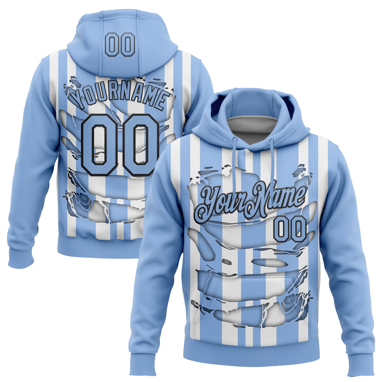Custom Stitched Light Blue White-Black 3D Pattern Design Stripe Sports Pullover Sweatshirt Hoodie