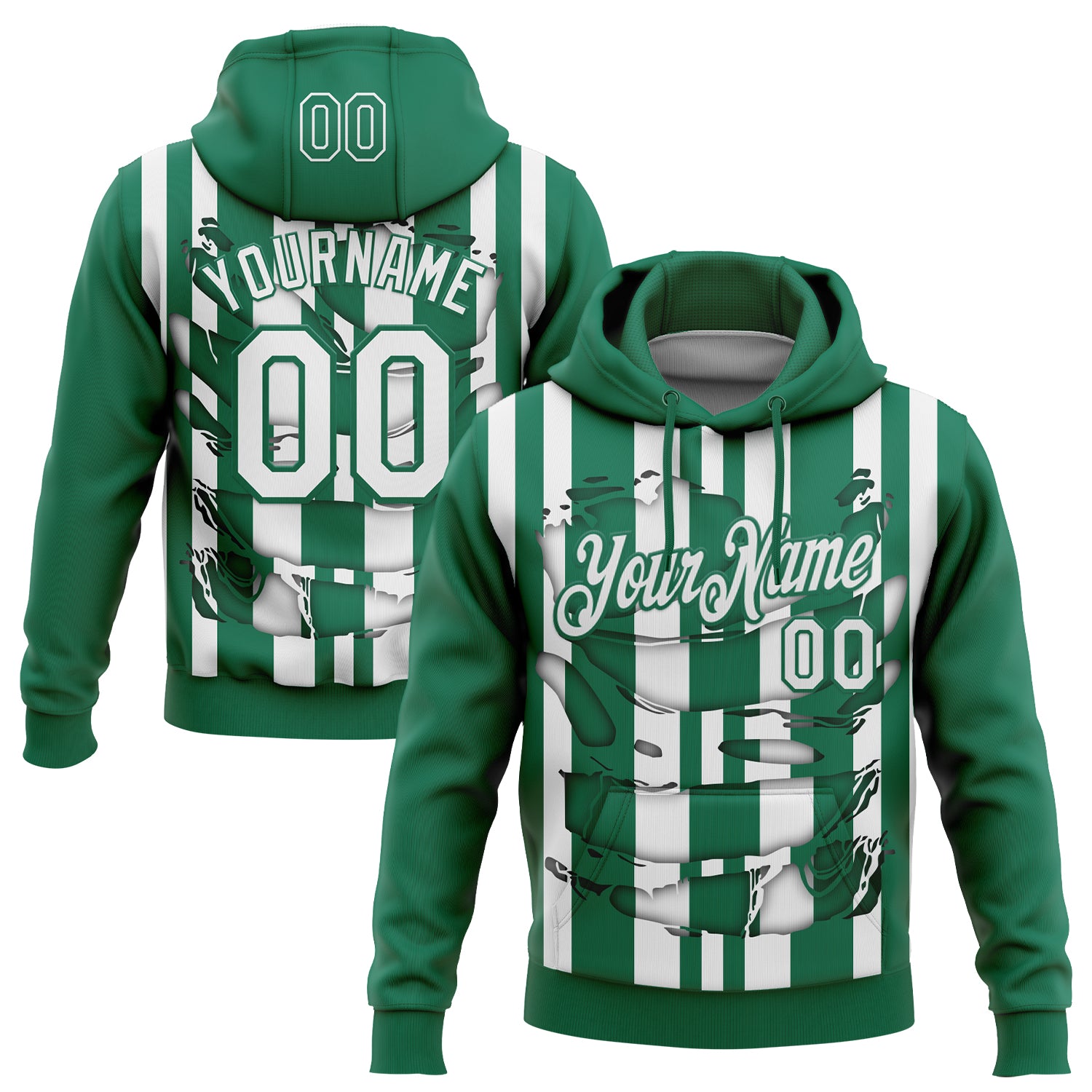 Custom Stitched Kelly Green White 3D Pattern Design Stripe Sports Pullover Sweatshirt Hoodie