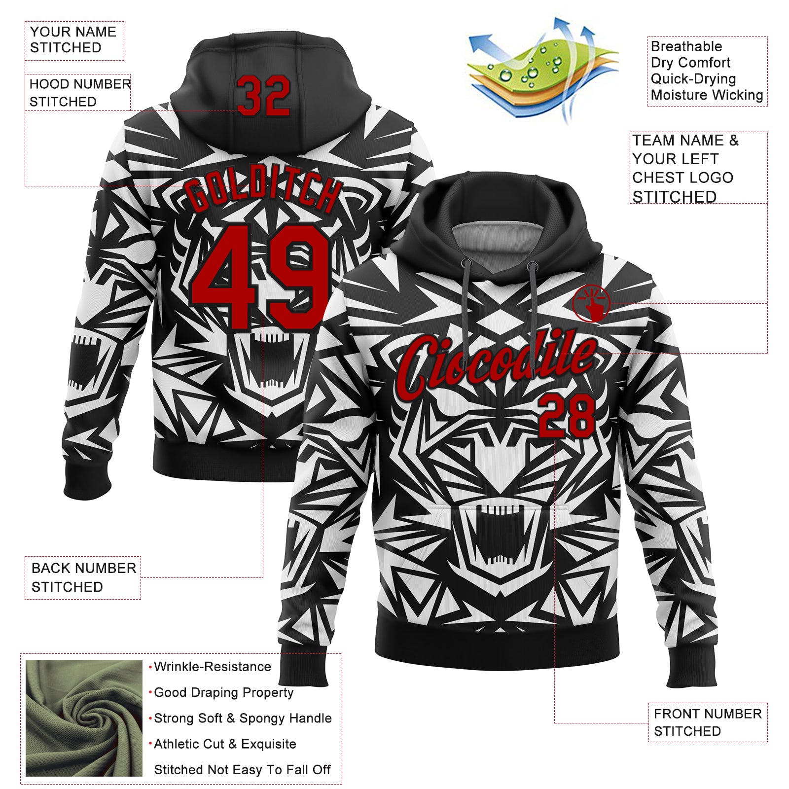 Custom Stitched Black Red-White 3D Pattern Design Geometric Shape Sports Pullover Sweatshirt Hoodie