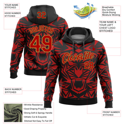 Custom Stitched Black Red-Old Gold 3D Pattern Design Geometric Shape Sports Pullover Sweatshirt Hoodie
