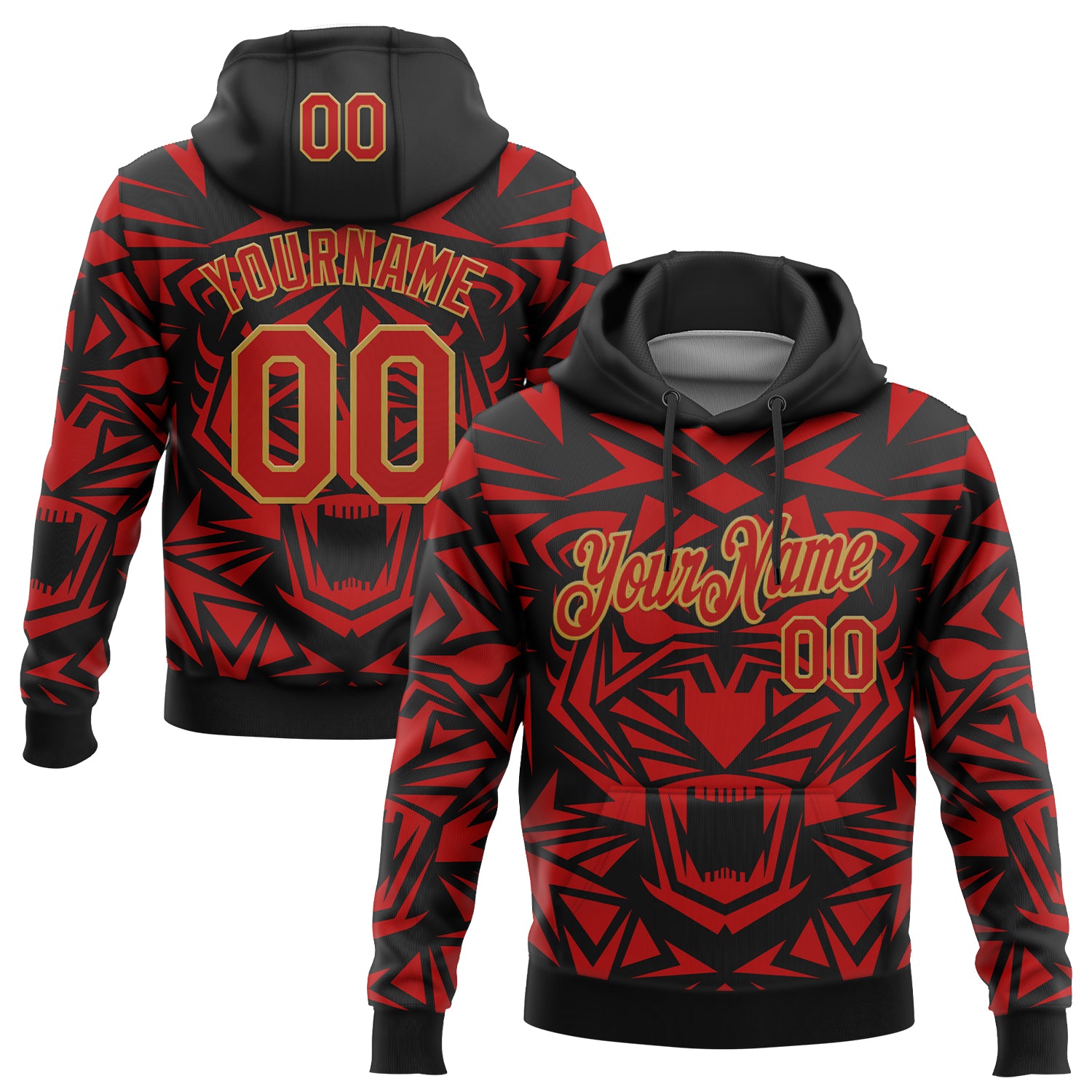 Custom Stitched Black Red-Old Gold 3D Pattern Design Geometric Shape Sports Pullover Sweatshirt Hoodie