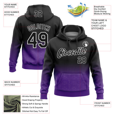 Custom Stitched Black Purple-White 3D Pattern Design Fade Floral Sports Pullover Sweatshirt Hoodie