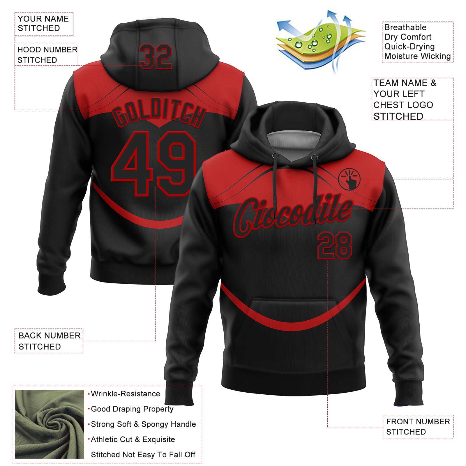 Custom Stitched Black Red 3D Pattern Design Line Sports Pullover Sweatshirt Hoodie