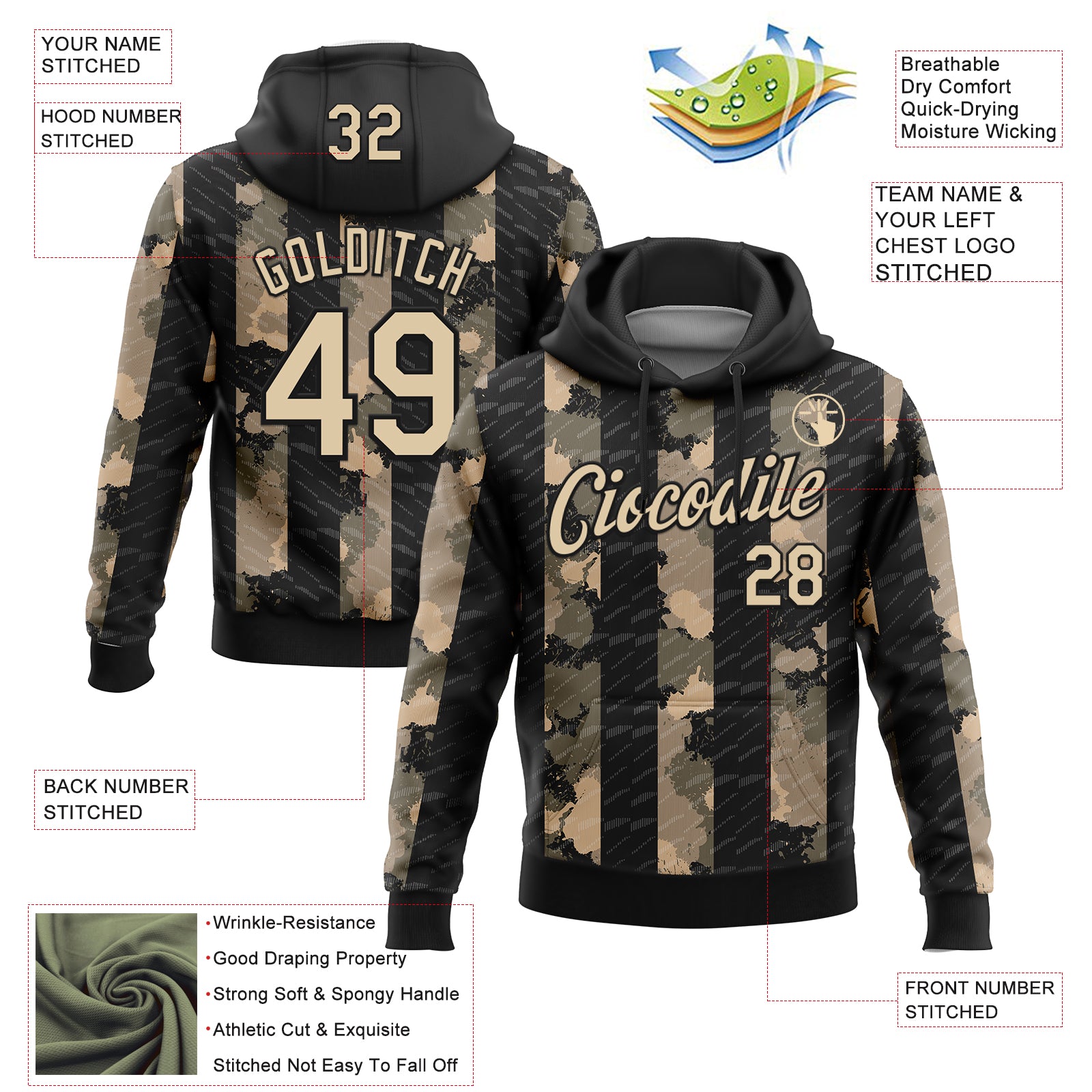 Custom Stitched Black City Cream 3D Pattern Design Line Sports Pullover Sweatshirt Hoodie