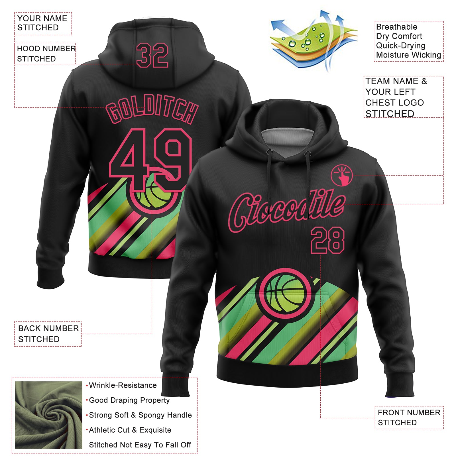 Custom Stitched Black Green-Neon Pink 3D Pattern Design Ball Sports Pullover Sweatshirt Hoodie