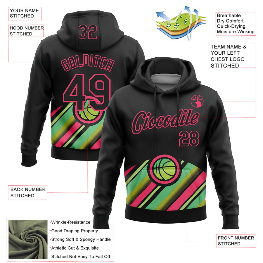 Custom Stitched Black Green-Neon Pink 3D Pattern Design Ball Sports Pullover Sweatshirt Hoodie