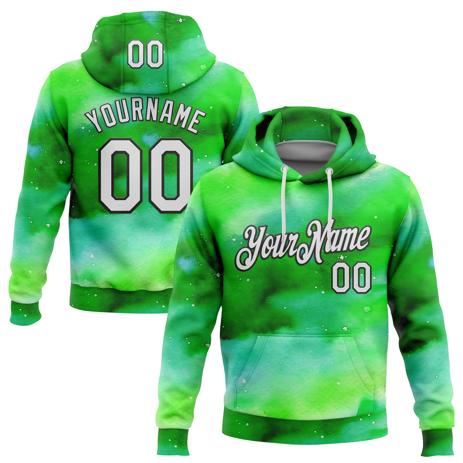 Custom Stitched Green White-Black 3D Pattern Design Watercolor Sports Pullover Sweatshirt Hoodie