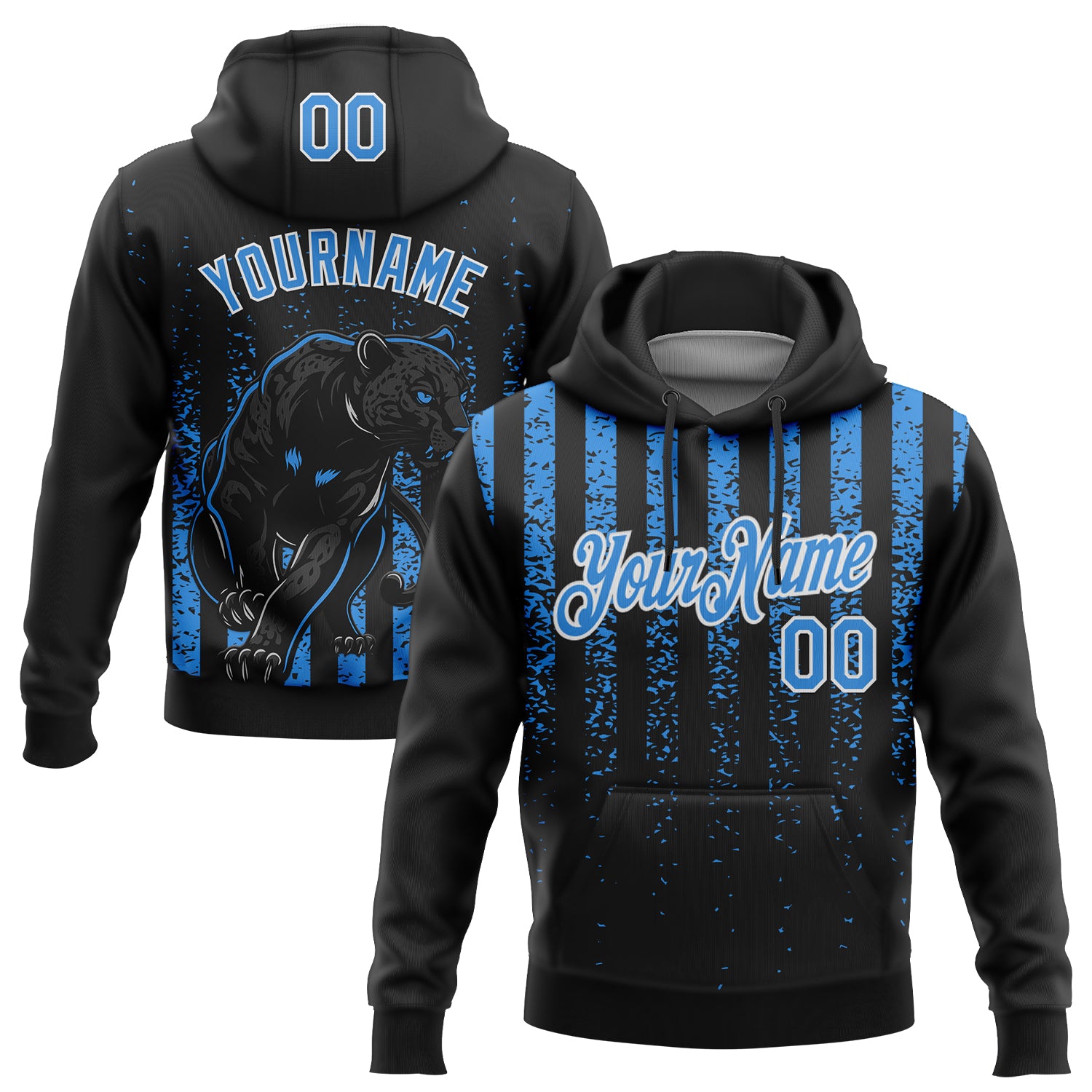 Custom Stitched Black Powder Blue-White 3D Pattern Design Animal Leopard Grunge Art Sports Pullover Sweatshirt Hoodie