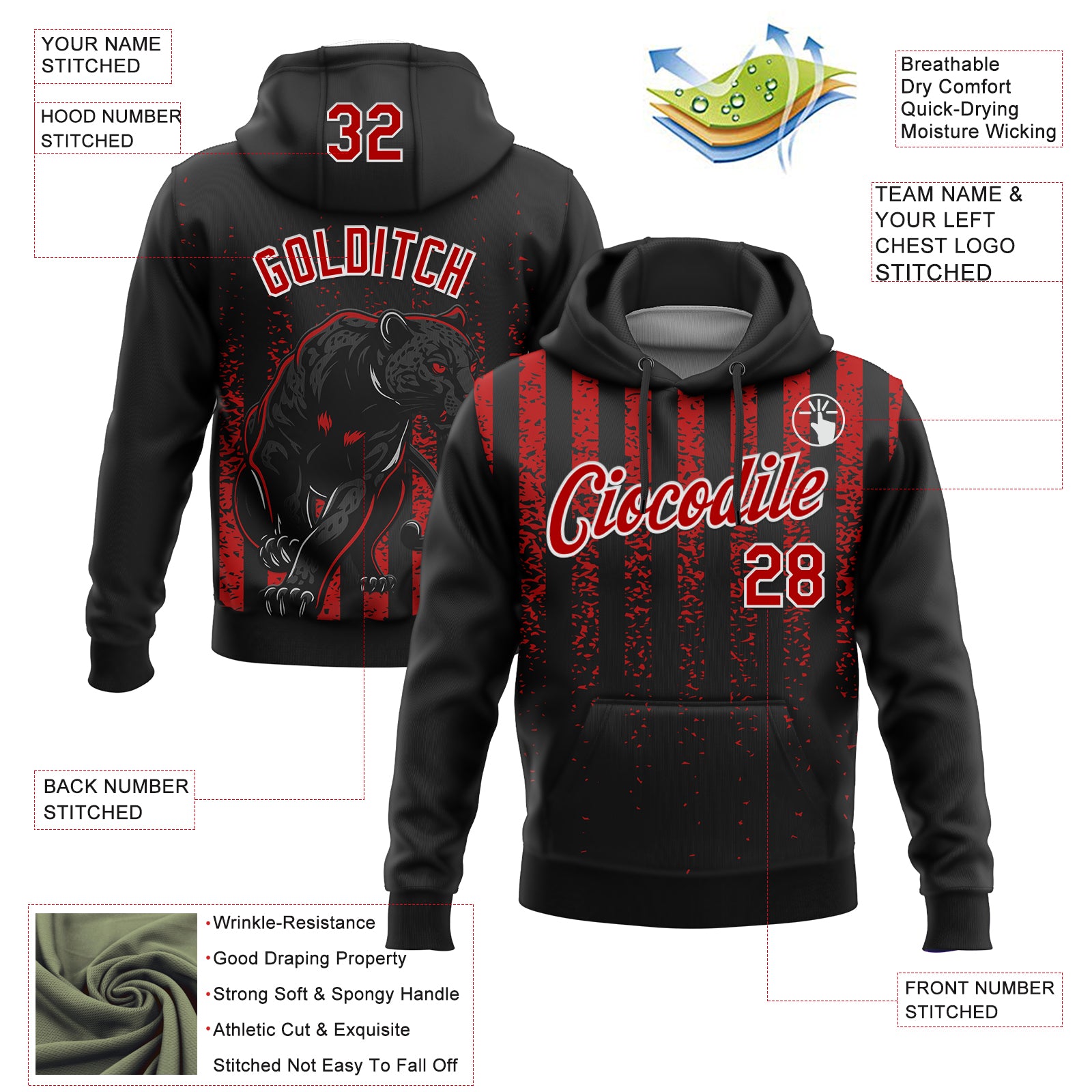 Custom Stitched Black Red-White 3D Pattern Design Animal Leopard Grunge Art Sports Pullover Sweatshirt Hoodie