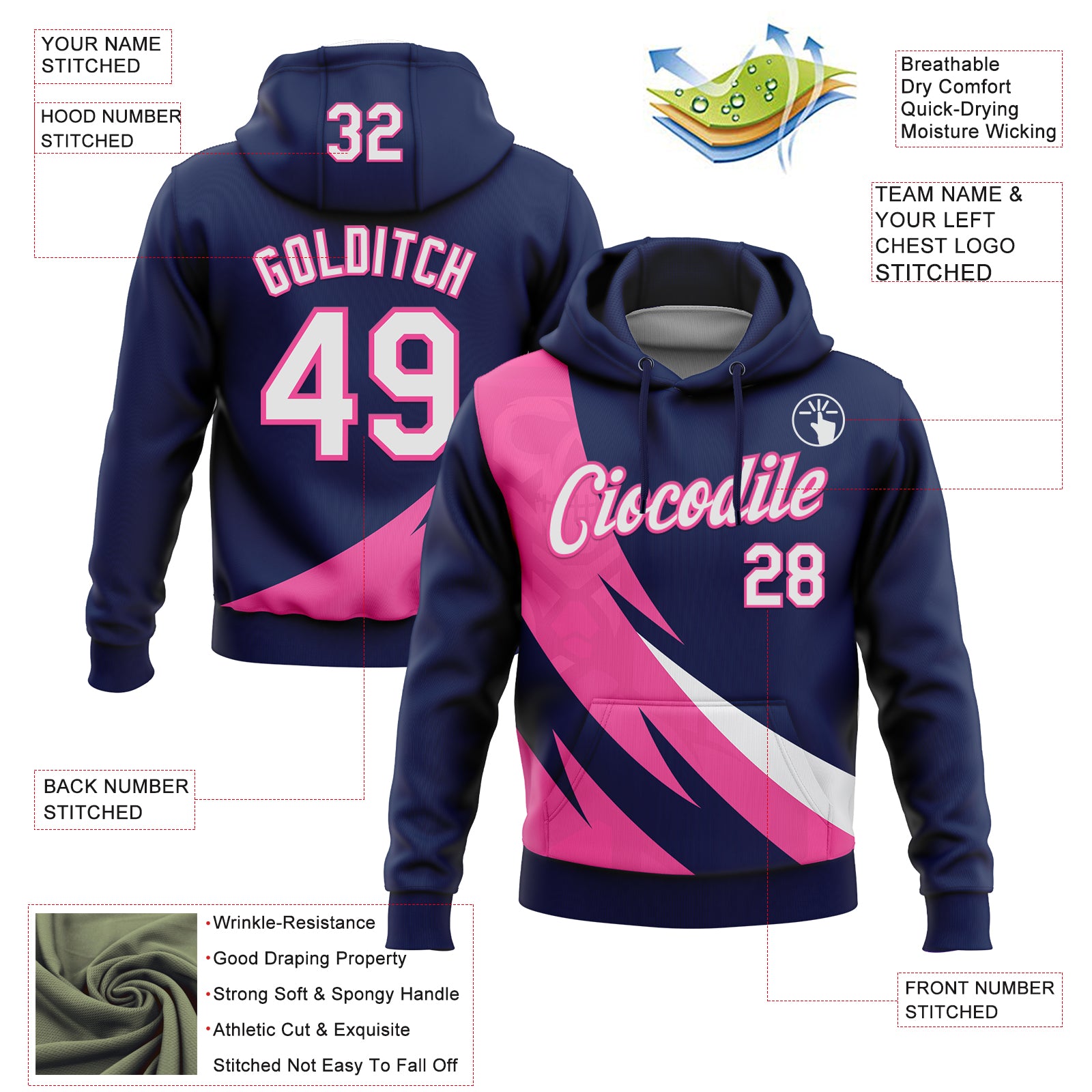 Custom Stitched Navy White-Pink 3D Pattern Design Geometric Shape Sports Pullover Sweatshirt Hoodie