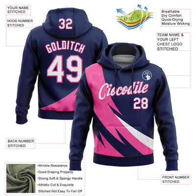 Custom Stitched Navy White-Pink 3D Pattern Design Geometric Shape Sports Pullover Sweatshirt Hoodie