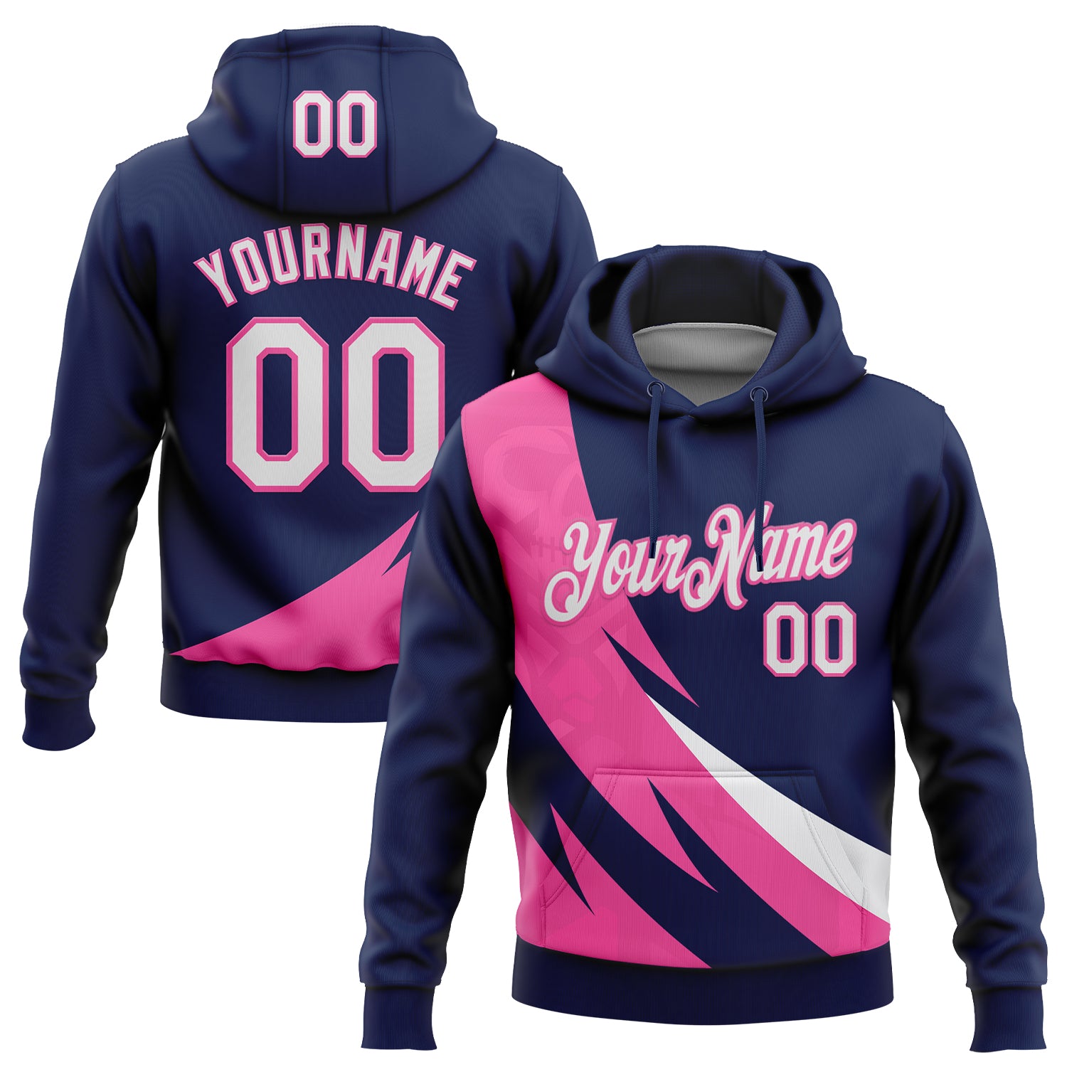 Custom Stitched Navy White-Pink 3D Pattern Design Geometric Shape Sports Pullover Sweatshirt Hoodie